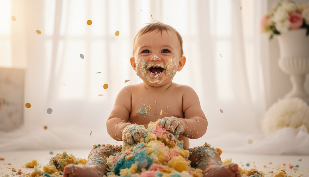 An epic, joy-filled shot from a Wheelers Hill Victoria cake smash photography session, showing a baby triumphantly smashing a colourful cake, icing smeared across their beaming face, golden afternoon light streaming into a beautifully styled studio, capturing pure, unadulterated first birthday joy.