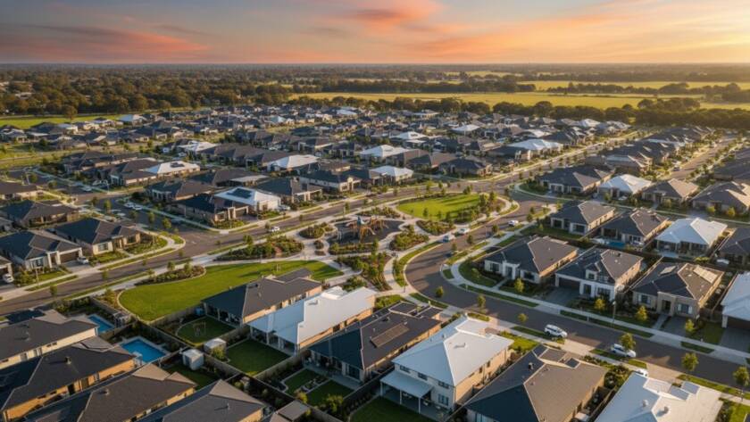 Epic wide-angle drone shot capturing the modern residential architecture of Williams Landing under a dramatic sunset, showcasing lush green spaces and connecting roads, highlighting the 'Williams Landing Drone Photography for Elite Property Visuals' potential for stunning property showcases.