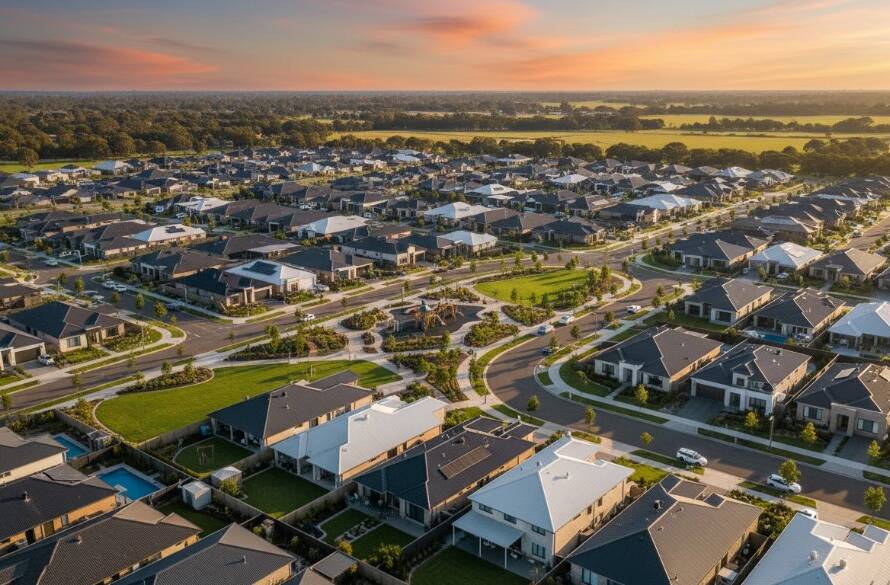 Epic wide-angle drone shot capturing the modern residential architecture of Williams Landing under a dramatic sunset, showcasing lush green spaces and connecting roads, highlighting the 'Williams Landing Drone Photography for Elite Property Visuals' potential for stunning property showcases.