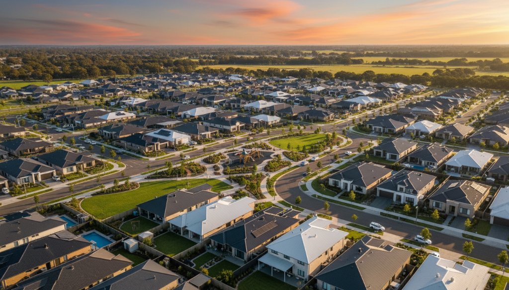 Epic wide-angle drone shot capturing the modern residential architecture of Williams Landing under a dramatic sunset, showcasing lush green spaces and connecting roads, highlighting the 'Williams Landing Drone Photography for Elite Property Visuals' potential for stunning property showcases.