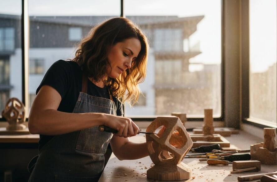 Dramatic, cinematic close-up shot of a local business owner in Williams Landing, Victoria, during an editorial photography session, showcasing a moment of intense focus and passion, with modern architecture of Williams Landing visible in a softly blurred background and warm, golden hour light. The image embodies professional Williams Landing editorial photography for local businesses.