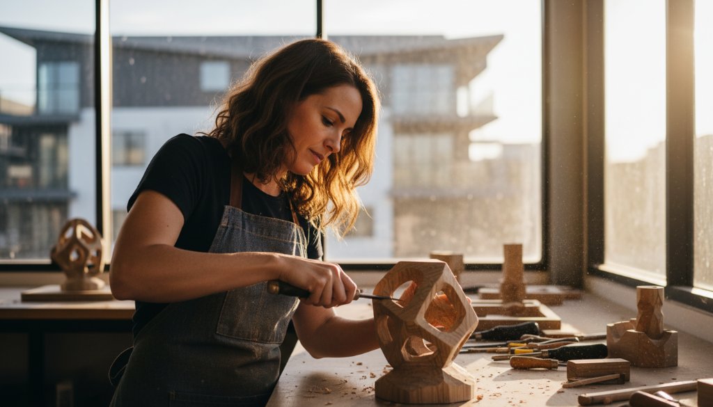 Dramatic, cinematic close-up shot of a local business owner in Williams Landing, Victoria, during an editorial photography session, showcasing a moment of intense focus and passion, with modern architecture of Williams Landing visible in a softly blurred background and warm, golden hour light. The image embodies professional Williams Landing editorial photography for local businesses.