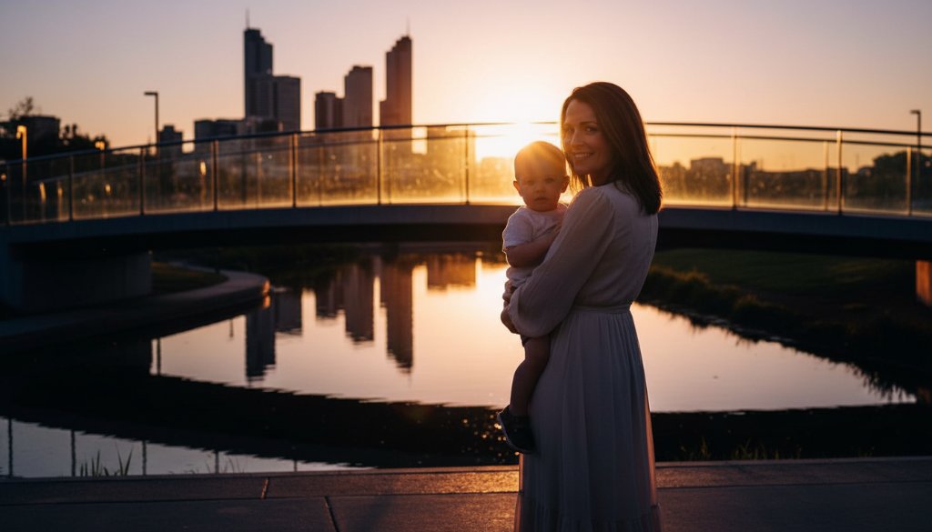 A dramatically lit, professionally colour-graded fine art photograph capturing a profound, intimate moment: a family's tender embrace against the modern, vibrant backdrop of Williams Landing, embodying bespoke portrait photography with emotion and artistry.