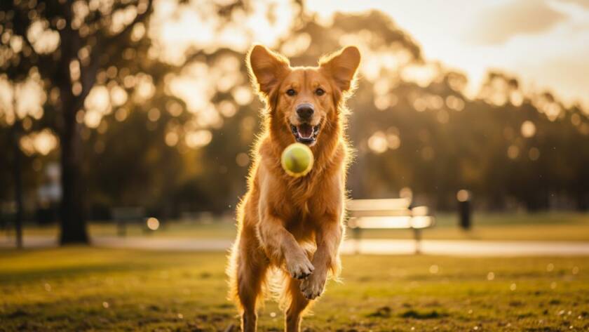 An epic moment captured through Williams Landing joyful pet photography for lasting memories, featuring a golden retriever joyfully leaping through golden hour light in a Williams Landing park, its fur illuminated and expression ecstatic, showcasing a professional, cinematic style.