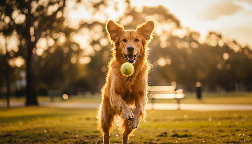 An epic moment captured through Williams Landing joyful pet photography for lasting memories, featuring a golden retriever joyfully leaping through golden hour light in a Williams Landing park, its fur illuminated and expression ecstatic, showcasing a professional, cinematic style.