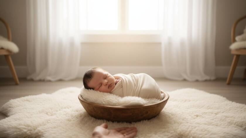 A heartwarming, softly lit artistic portrait of a newborn baby gently swaddled in cream fabric, nestled in a prop, with a parent's hand gently touching their head, set against a blurred, elegant Williams Landing home backdrop, embodying Williams Landing newborn photography artistic portraits with professional color grading and a serene mood.