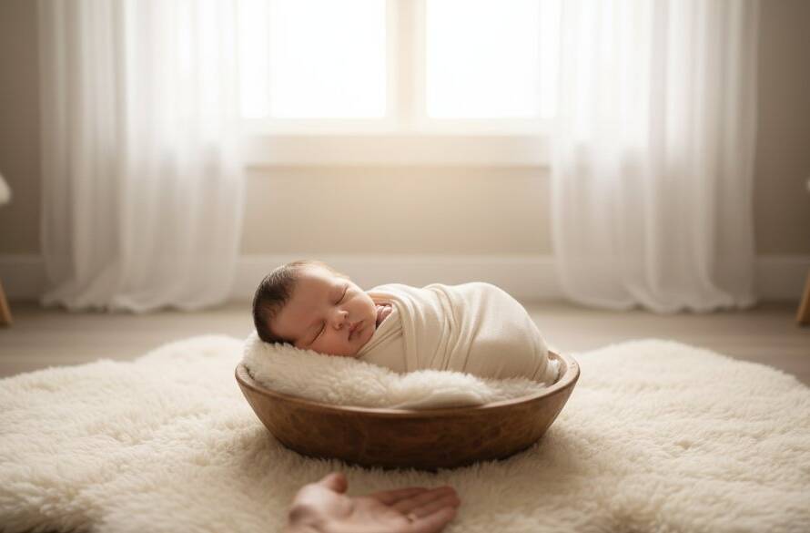 A heartwarming, softly lit artistic portrait of a newborn baby gently swaddled in cream fabric, nestled in a prop, with a parent's hand gently touching their head, set against a blurred, elegant Williams Landing home backdrop, embodying Williams Landing newborn photography artistic portraits with professional color grading and a serene mood.