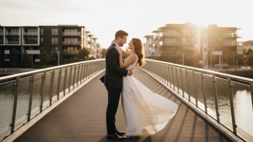 An epic moment captured during a Williams Landing pre-wedding photography modern urban romance session, featuring a couple embracing dramatically against a stunning waterfront sunset, with the modern architecture of Williams Landing in the soft-focus background, professional color grading, cinematic style.