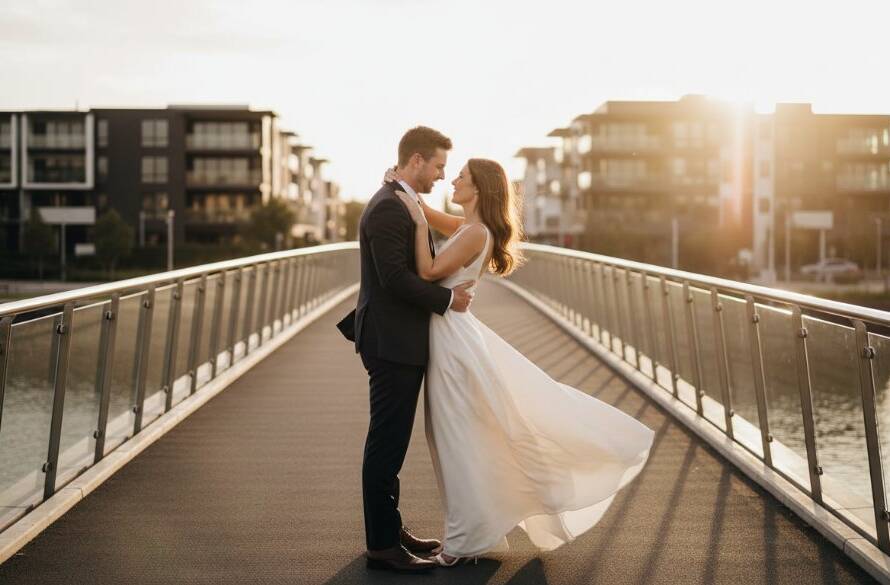 An epic moment captured during a Williams Landing pre-wedding photography modern urban romance session, featuring a couple embracing dramatically against a stunning waterfront sunset, with the modern architecture of Williams Landing in the soft-focus background, professional color grading, cinematic style.