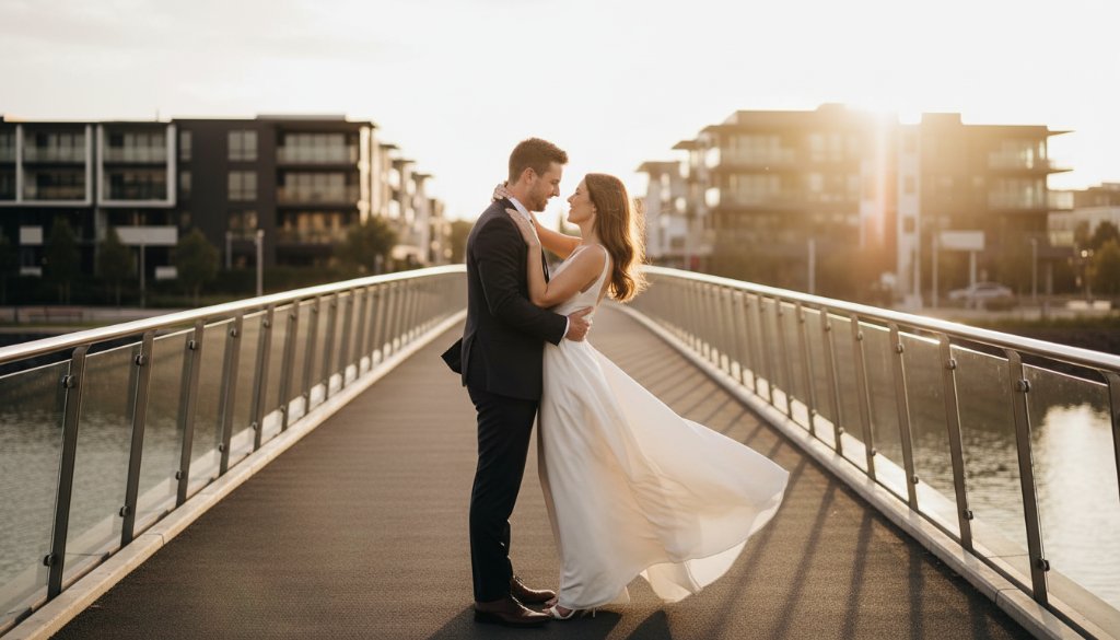 An epic moment captured during a Williams Landing pre-wedding photography modern urban romance session, featuring a couple embracing dramatically against a stunning waterfront sunset, with the modern architecture of Williams Landing in the soft-focus background, professional color grading, cinematic style.