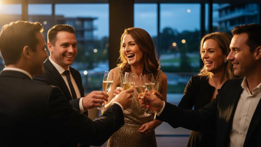 A beautifully composed, candid shot of guests laughing and raising toasts at a private event in Williams Landing, professionally captured by a Williams Landing professional private event photography service. Dramatic evening lighting highlights the joy.