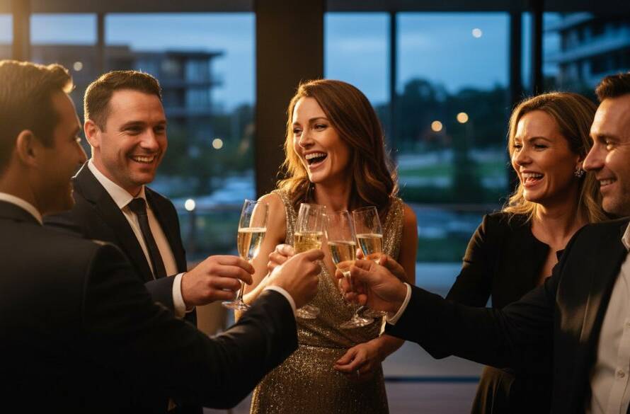 A beautifully composed, candid shot of guests laughing and raising toasts at a private event in Williams Landing, professionally captured by a Williams Landing professional private event photography service. Dramatic evening lighting highlights the joy.