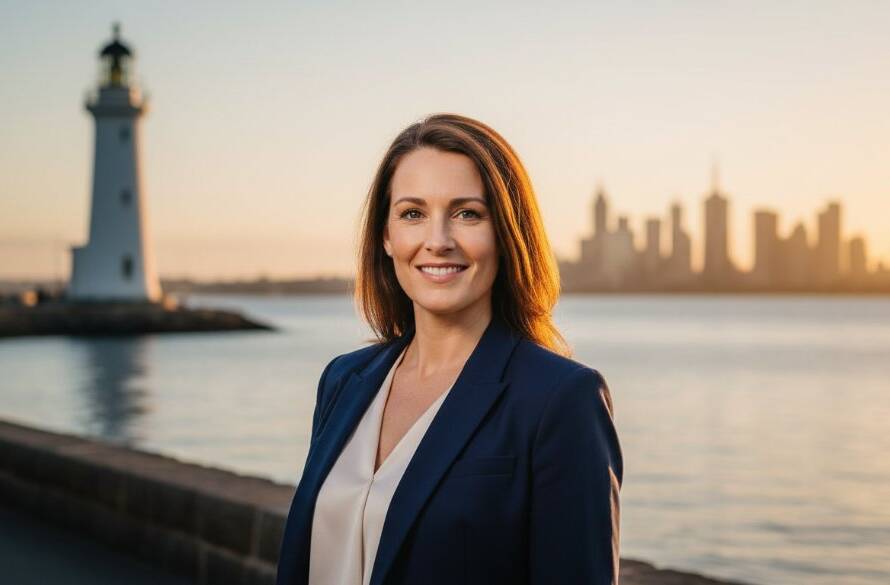 Dramatic wide-angle shot of a successful business professional posing confidently on the Williamstown waterfront at sunrise, with the Melbourne skyline faintly visible in the background, captured as a powerful Williamstown corporate headshot with cinematic lighting.