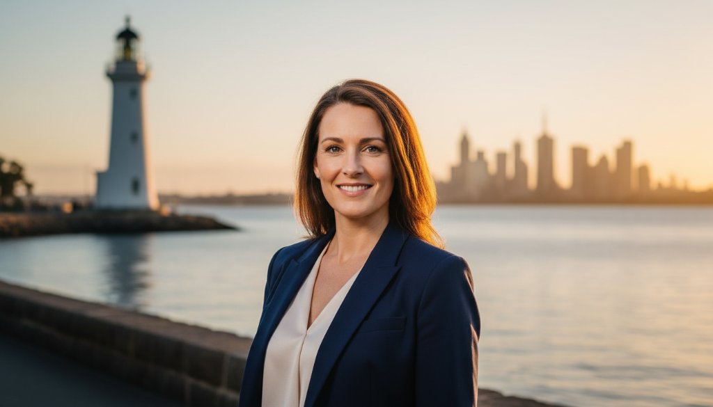 Dramatic wide-angle shot of a successful business professional posing confidently on the Williamstown waterfront at sunrise, with the Melbourne skyline faintly visible in the background, captured as a powerful Williamstown corporate headshot with cinematic lighting.