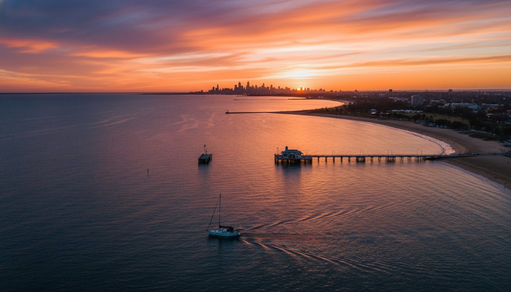 A stunning aerial view showcasing Williamstown drone photography for breathtaking coastal events, capturing a majestic sunset over Williamstown Beach with the Melbourne skyline in the distance, a small sailing boat gracefully cutting through the water, professionally color-graded with dramatic lighting.