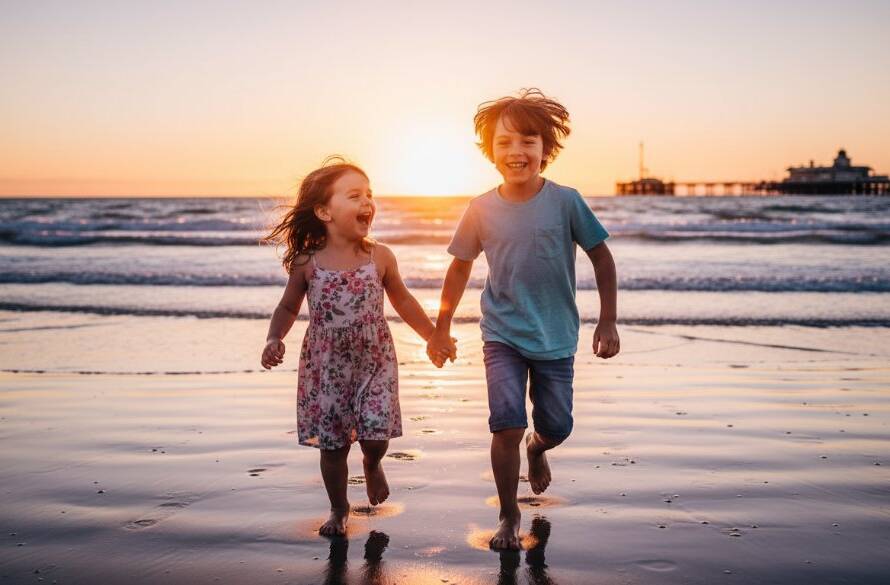 A wide shot of a child mid-laugh, running freely on Williamstown Beach at sunset, silhouetted against a golden sky, showcasing genuine kids' joy through Williamstown family photography. The waves gently lap at their feet, with the city skyline faintly visible in the distance, bathed in dramatic, warm light.