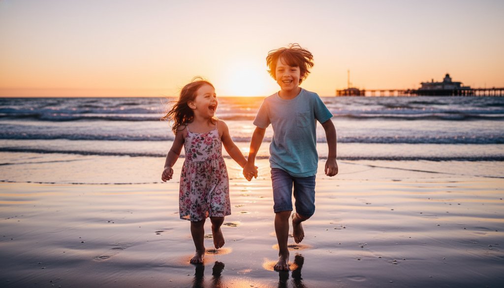 A wide shot of a child mid-laugh, running freely on Williamstown Beach at sunset, silhouetted against a golden sky, showcasing genuine kids' joy through Williamstown family photography. The waves gently lap at their feet, with the city skyline faintly visible in the distance, bathed in dramatic, warm light.