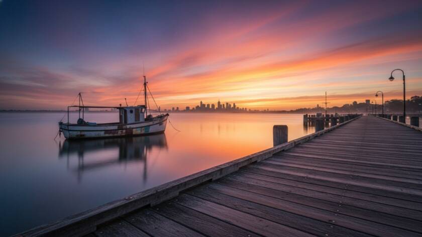 An epic moment in Williamstown fine art photography capturing coastal heritage: a lone majestic sailboat against a dramatic sunset sky over Hobsons Bay, its silhouette perfectly reflected in the calm waters, embodying timeless maritime elegance.