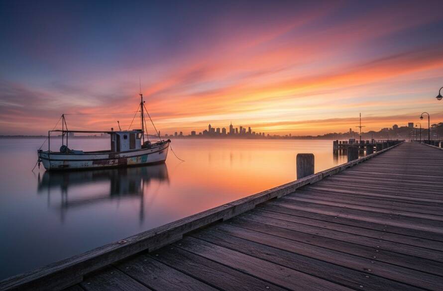 An epic moment in Williamstown fine art photography capturing coastal heritage: a lone majestic sailboat against a dramatic sunset sky over Hobsons Bay, its silhouette perfectly reflected in the calm waters, embodying timeless maritime elegance.