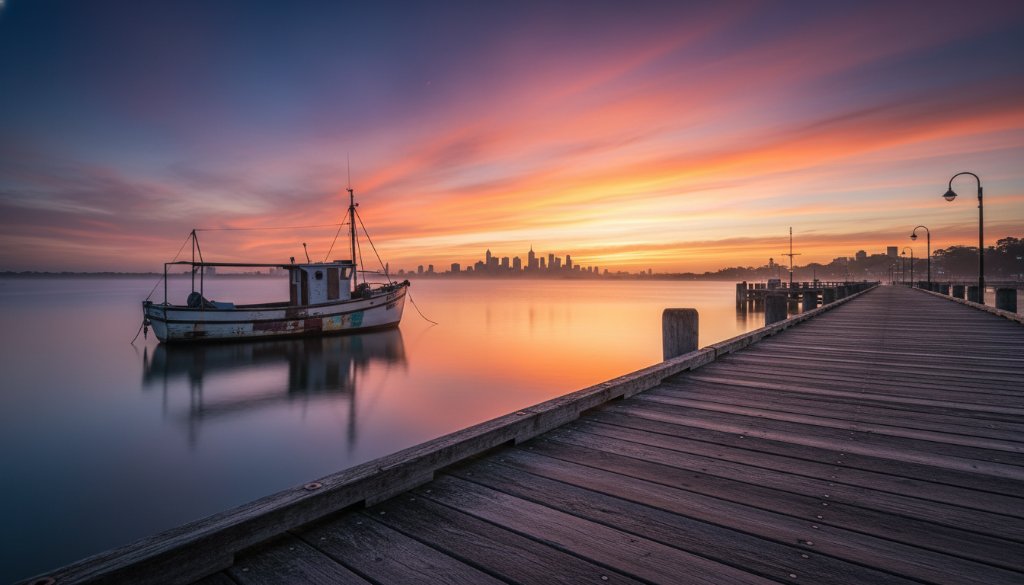 An epic moment in Williamstown fine art photography capturing coastal heritage: a lone majestic sailboat against a dramatic sunset sky over Hobsons Bay, its silhouette perfectly reflected in the calm waters, embodying timeless maritime elegance.