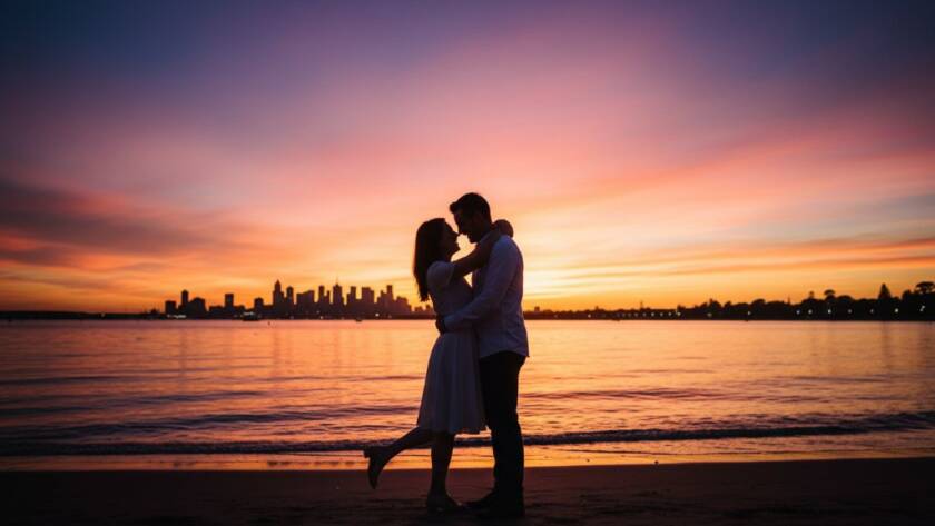 A couple embracing passionately against the dramatic sunset over Port Phillip Bay, capturing their Williamstown foreshore romantic engagement photos with a cinematic, golden hour glow.