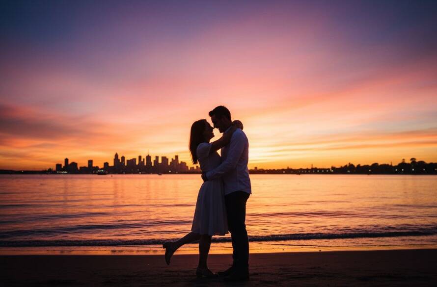 A couple embracing passionately against the dramatic sunset over Port Phillip Bay, capturing their Williamstown foreshore romantic engagement photos with a cinematic, golden hour glow.