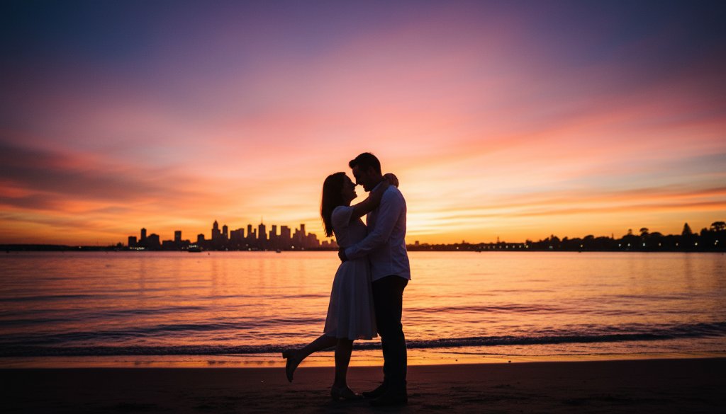 A couple embracing passionately against the dramatic sunset over Port Phillip Bay, capturing their Williamstown foreshore romantic engagement photos with a cinematic, golden hour glow.