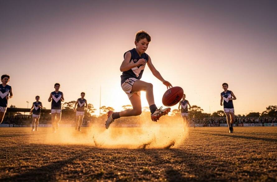 Dynamic wide shot capturing an intense Williamstown junior football match action photography moment, with a young player scoring a goal amidst cheering crowds and dramatic golden hour lighting, showcasing the raw emotion and athleticism.