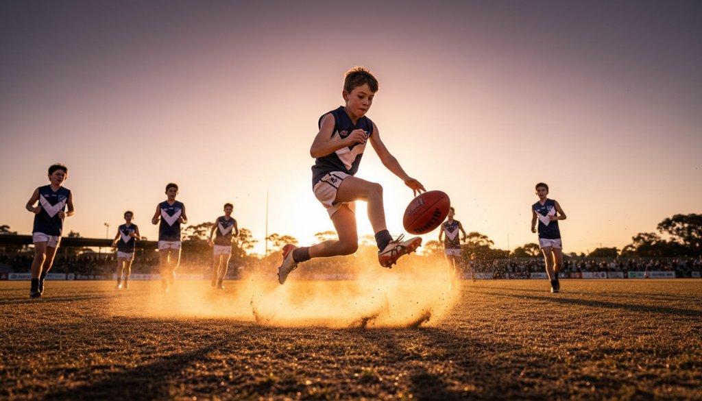 Dynamic wide shot capturing an intense Williamstown junior football match action photography moment, with a young player scoring a goal amidst cheering crowds and dramatic golden hour lighting, showcasing the raw emotion and athleticism.