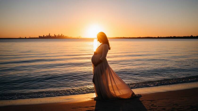 A radiant expectant mother, silhouetted against a dramatic Williamstown bay sunset, holding her belly gently, with golden light reflecting on the water. This epic Williamstown maternity photography bay sunset moment is captured with professional grading and stunning detail.