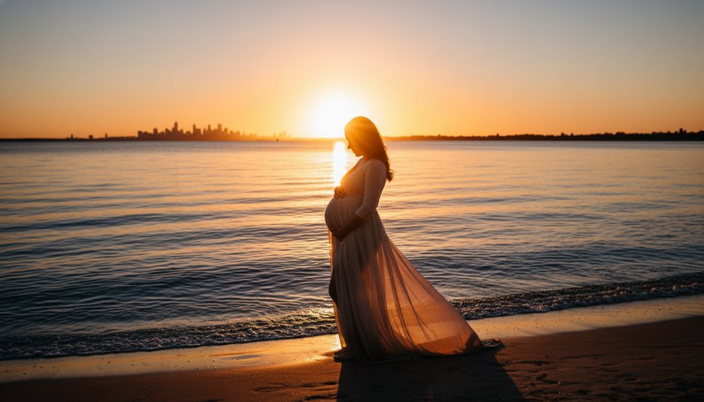 A radiant expectant mother, silhouetted against a dramatic Williamstown bay sunset, holding her belly gently, with golden light reflecting on the water. This epic Williamstown maternity photography bay sunset moment is captured with professional grading and stunning detail.