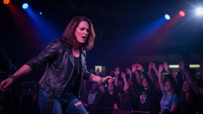 An epic moment captured during Williamstown music event photography vibrant live shows, featuring a lead singer bathed in dramatic stage lights, passionately performing on a local Williamstown stage, with the crowd's hands raised in excitement.