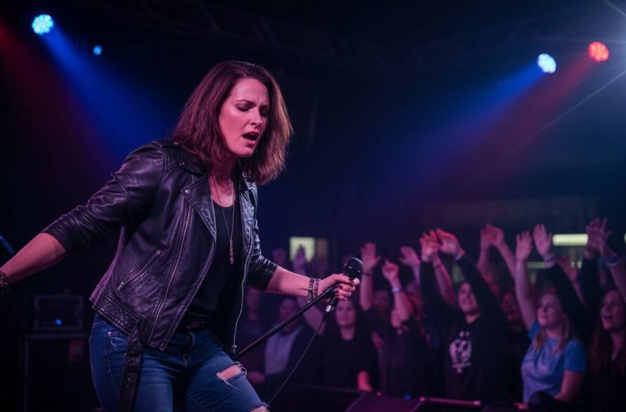 An epic moment captured during Williamstown music event photography vibrant live shows, featuring a lead singer bathed in dramatic stage lights, passionately performing on a local Williamstown stage, with the crowd's hands raised in excitement.