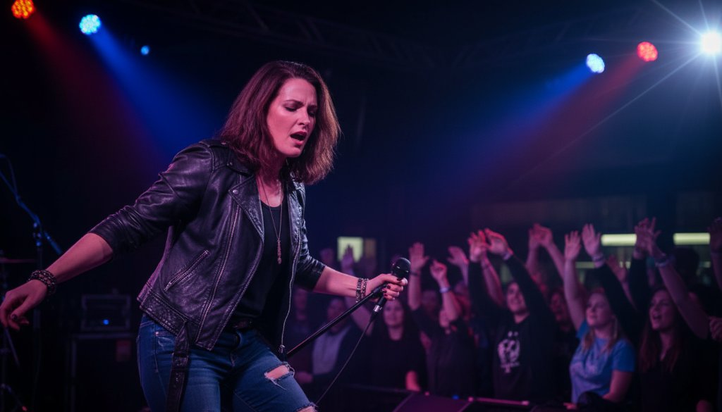 An epic moment captured during Williamstown music event photography vibrant live shows, featuring a lead singer bathed in dramatic stage lights, passionately performing on a local Williamstown stage, with the crowd's hands raised in excitement.