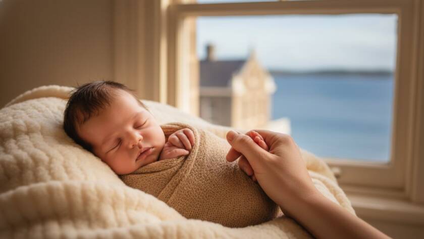 A serene, close-up photograph of a newborn baby swaddled in soft white fabric, nestled gently in a rustic wooden basket, with warm, natural light filtering in from a window overlooking Williamstown's historic waterfront, creating a timeless keepsake effect. Williamstown newborn photography timeless keepsakes.