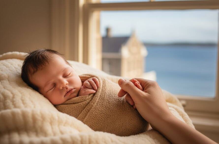 A serene, close-up photograph of a newborn baby swaddled in soft white fabric, nestled gently in a rustic wooden basket, with warm, natural light filtering in from a window overlooking Williamstown's historic waterfront, creating a timeless keepsake effect. Williamstown newborn photography timeless keepsakes.
