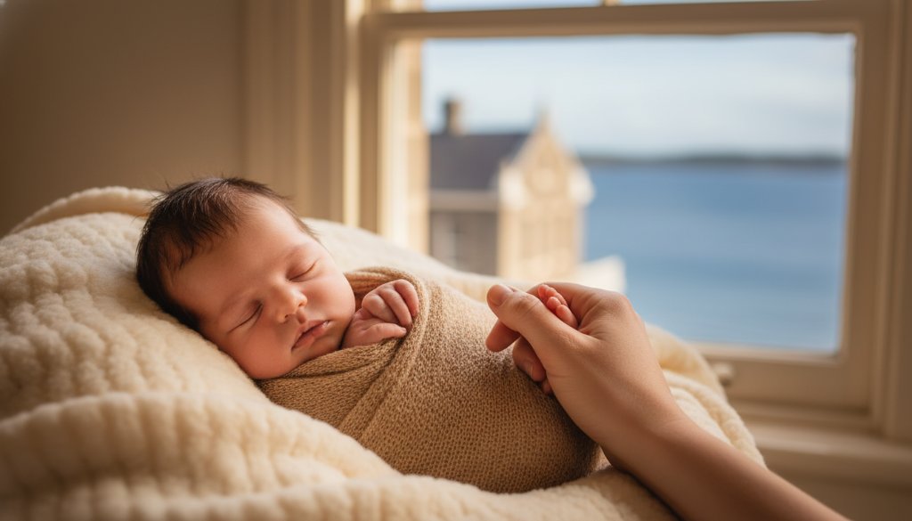 A serene, close-up photograph of a newborn baby swaddled in soft white fabric, nestled gently in a rustic wooden basket, with warm, natural light filtering in from a window overlooking Williamstown's historic waterfront, creating a timeless keepsake effect. Williamstown newborn photography timeless keepsakes.