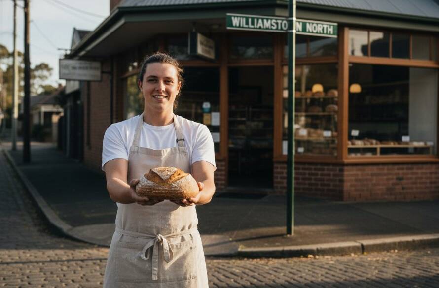 An epic moment captured in Williamstown North advertising photography: A vibrant wide-angle shot of a local artisanal bakery owner proudly presenting a freshly baked, crusty sourdough loaf in front of their shop, with the warm glow of morning light illuminating the scene, showing the authentic charm of Williamstown North and the quality of their product. Professional colour grading and dramatic lighting.