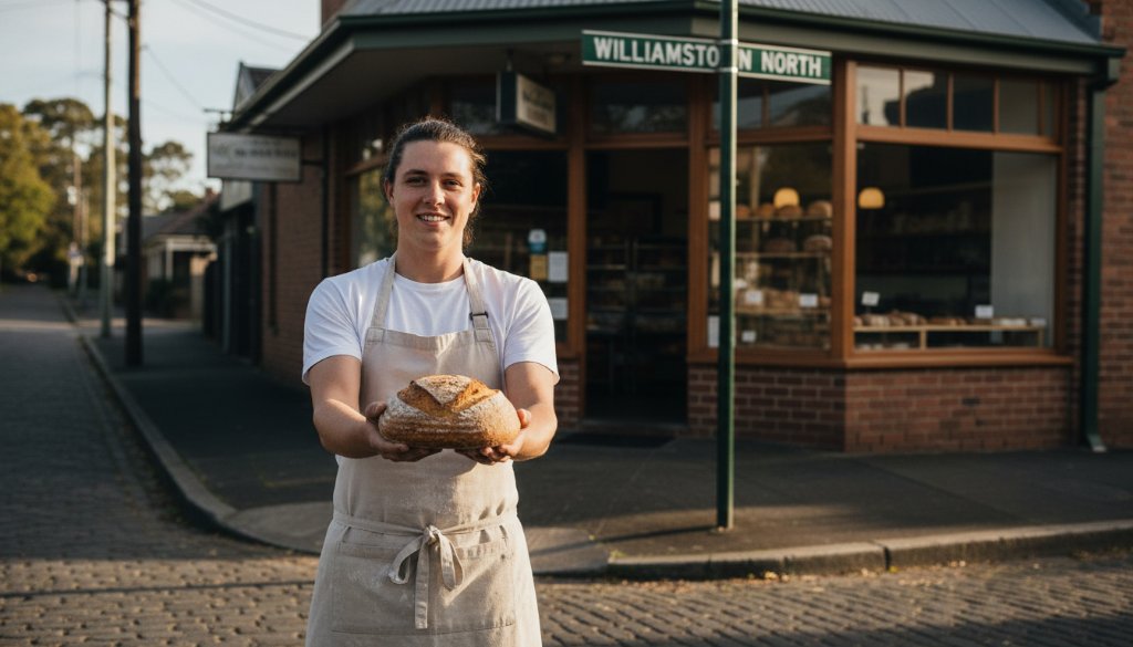 An epic moment captured in Williamstown North advertising photography: A vibrant wide-angle shot of a local artisanal bakery owner proudly presenting a freshly baked, crusty sourdough loaf in front of their shop, with the warm glow of morning light illuminating the scene, showing the authentic charm of Williamstown North and the quality of their product. Professional colour grading and dramatic lighting.