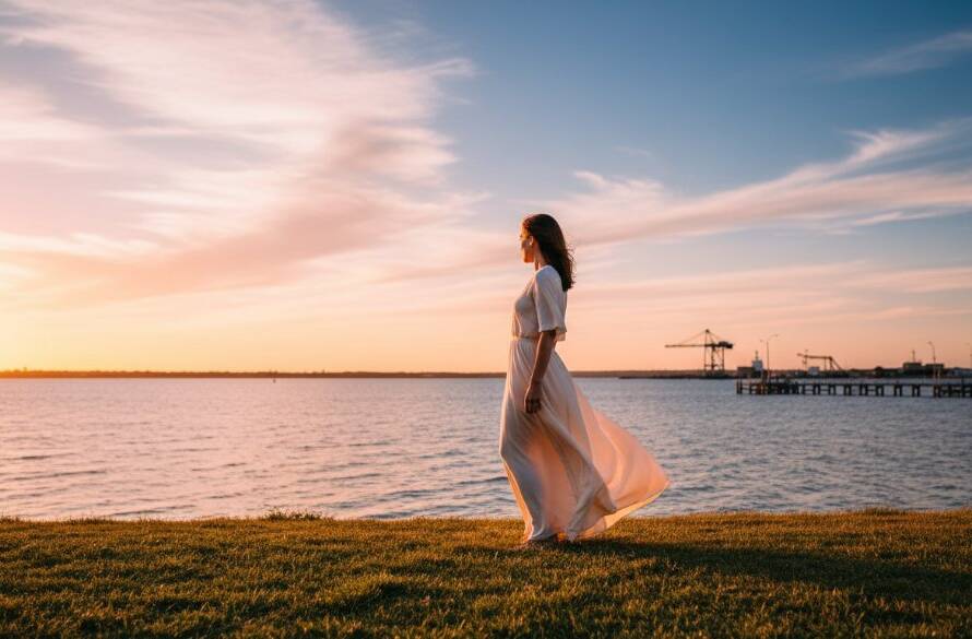 A breathtaking Williamstown North ethereal fine art portrait, showcasing a subject bathed in dramatic golden hour light near the historic waterfront, reflecting tranquility and artistic depth.