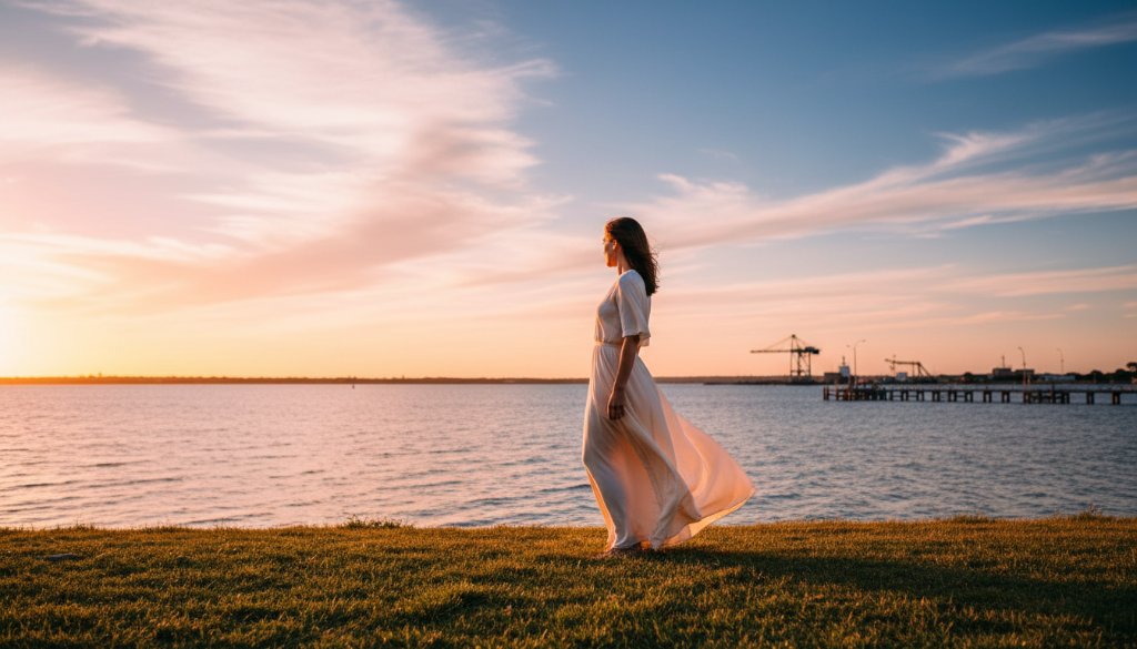 A breathtaking Williamstown North ethereal fine art portrait, showcasing a subject bathed in dramatic golden hour light near the historic waterfront, reflecting tranquility and artistic depth.