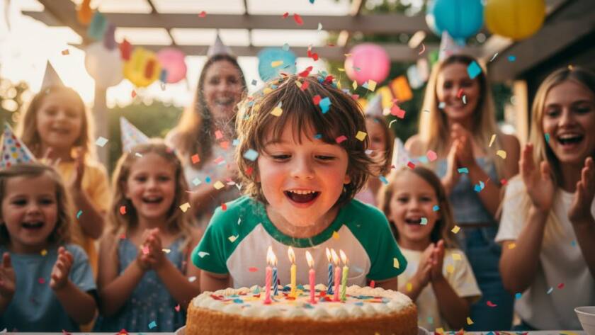 A vibrant, candid shot capturing the joyous Williamstown North kids party photography unforgettable moments, with a child blowing out birthday candles amidst confetti and happy faces, bathed in soft, warm indoor light.