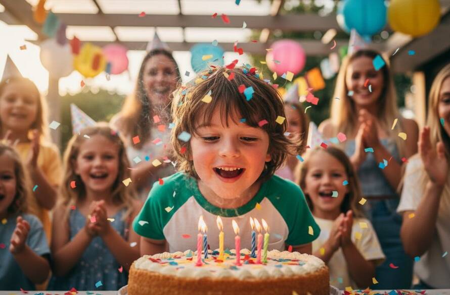 A vibrant, candid shot capturing the joyous Williamstown North kids party photography unforgettable moments, with a child blowing out birthday candles amidst confetti and happy faces, bathed in soft, warm indoor light.