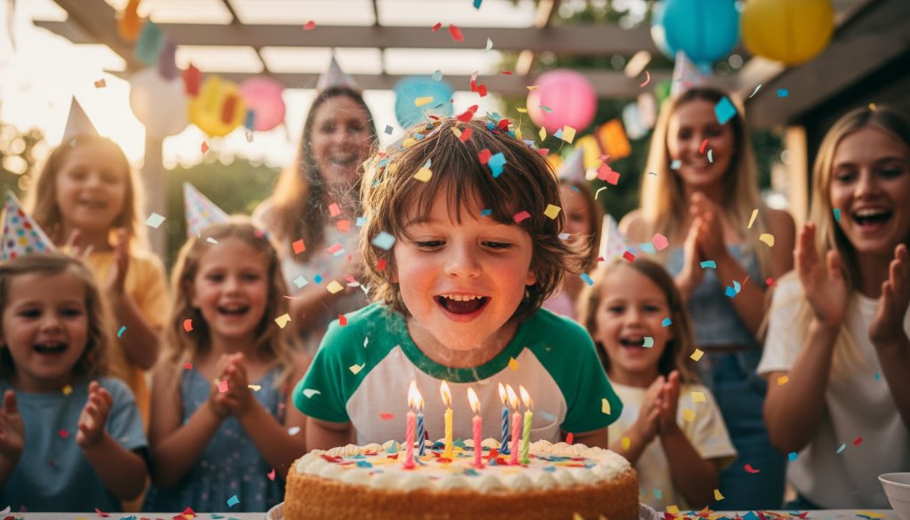 A vibrant, candid shot capturing the joyous Williamstown North kids party photography unforgettable moments, with a child blowing out birthday candles amidst confetti and happy faces, bathed in soft, warm indoor light.