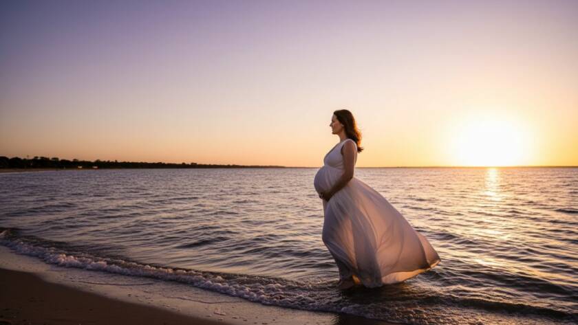 A serene Williamstown North maternity photoshoot capturing a stunning bayside glow at sunset. A radiant pregnant woman in a flowing dress stands silhouetted against the golden hour sky, gentle waves lapping at her feet near Jawbone Marine Sanctuary. Dramatic lighting highlights her silhouette, evoking an epic moment of anticipation and beauty.