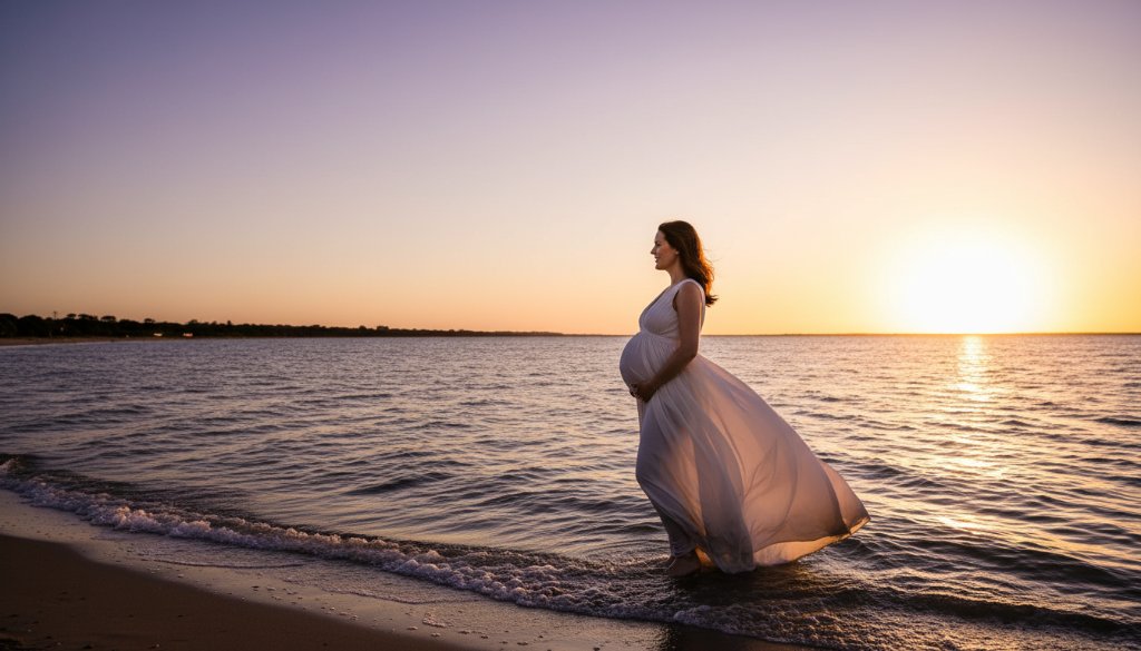 A serene Williamstown North maternity photoshoot capturing a stunning bayside glow at sunset. A radiant pregnant woman in a flowing dress stands silhouetted against the golden hour sky, gentle waves lapping at her feet near Jawbone Marine Sanctuary. Dramatic lighting highlights her silhouette, evoking an epic moment of anticipation and beauty.