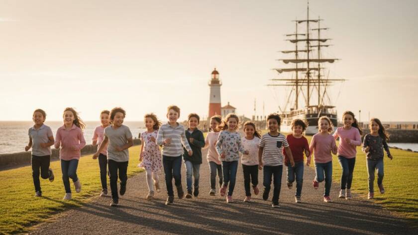 A vibrant, wide-angle photograph capturing Williamstown school photography capturing genuine student joy, showing a group of diverse primary school students laughing and running with colourful backpacks in front of Williamstown Beach, with the iconic city skyline visible in the hazy distance, bathed in warm, golden hour light, portraying genuine happiness and youthful energy.