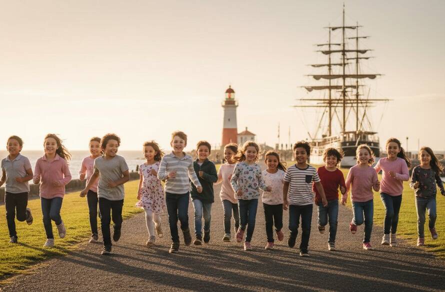 A vibrant, wide-angle photograph capturing Williamstown school photography capturing genuine student joy, showing a group of diverse primary school students laughing and running with colourful backpacks in front of Williamstown Beach, with the iconic city skyline visible in the hazy distance, bathed in warm, golden hour light, portraying genuine happiness and youthful energy.