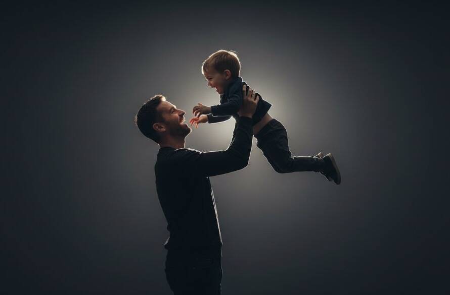 A powerful, cinematic black and white portrait of a mother and child embracing warmly in a sunlit Williamstown studio, capturing an intimate Williamstown studio portrait photography experience with dramatic shadows and highlights.
