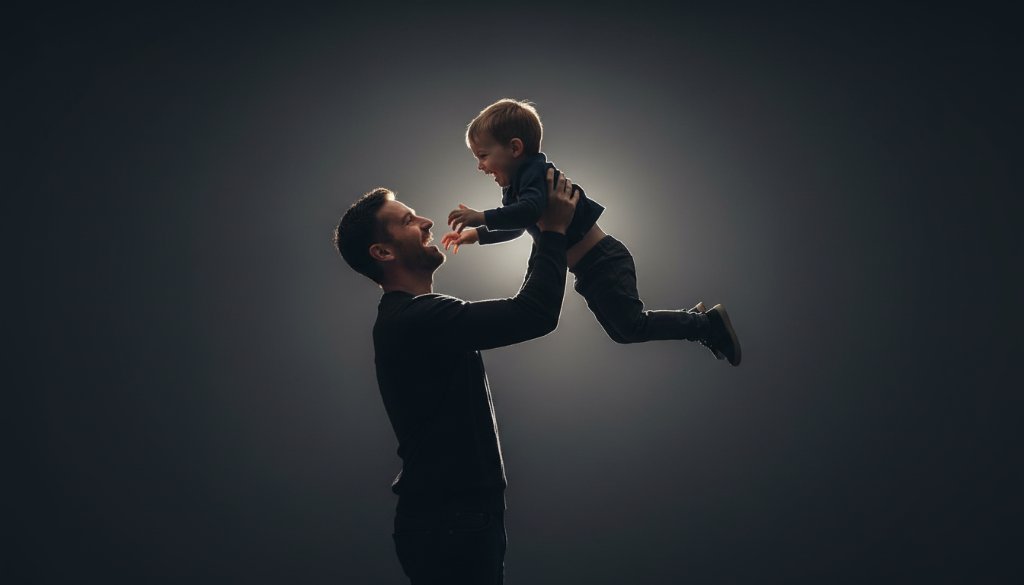 A powerful, cinematic black and white portrait of a mother and child embracing warmly in a sunlit Williamstown studio, capturing an intimate Williamstown studio portrait photography experience with dramatic shadows and highlights.